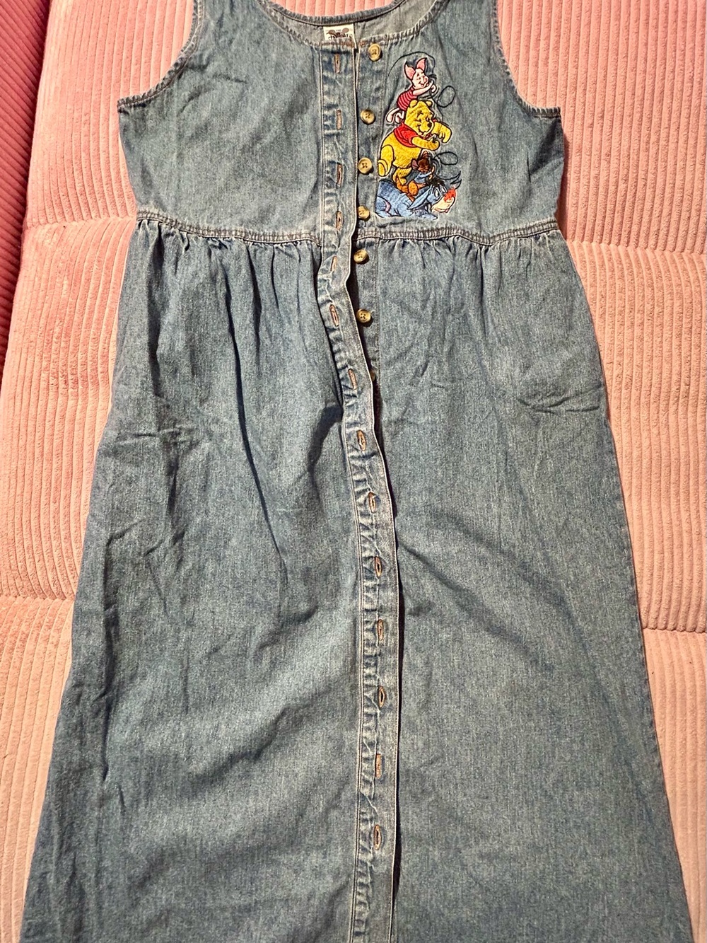 Vintage Disney Winnie the Pooh & Friends Embroidered Denim Maxi Dress